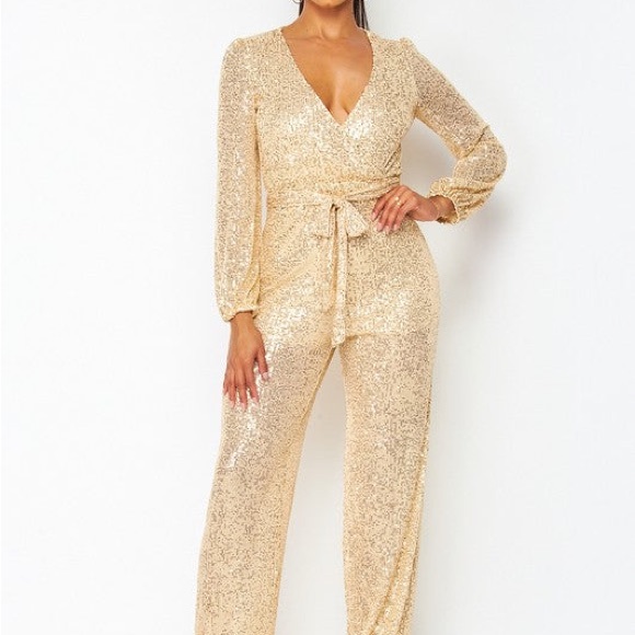 Radiant Gold Sequin Jumpsuit-LAST ONE - Picture 2 of 5